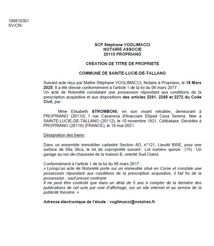 Avis de création de titre de propriété - Commune de Santa Lucia di Tallà (Pumonti)