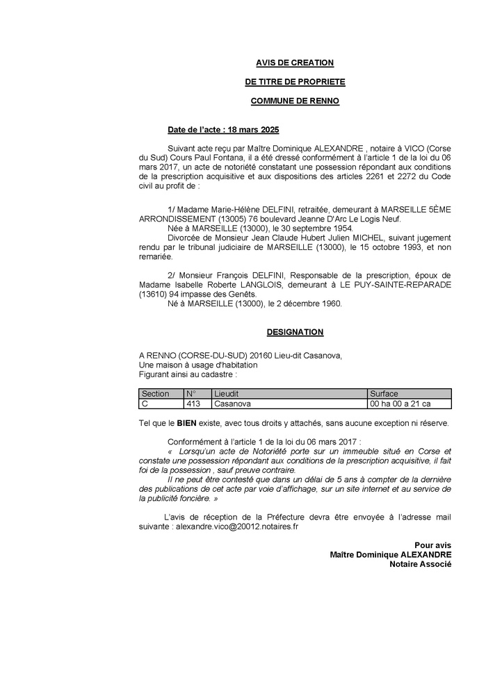 Avis de création de titre de propriété - Commune de Rennu (Pumonti)