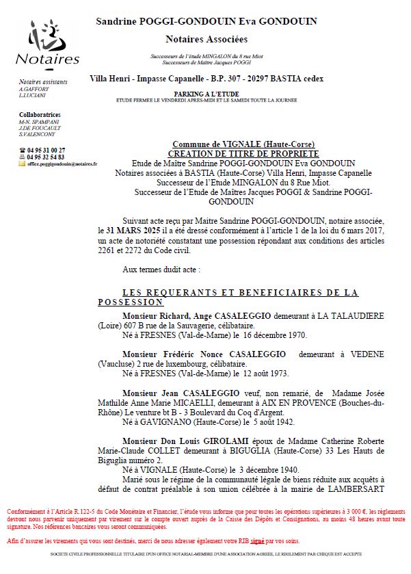 Avis de création de titre de propriété - Commune de Vignale (Cismonte)