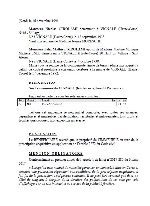 Avis de création de titre de propriété - Commune de Vignale (Cismonte)