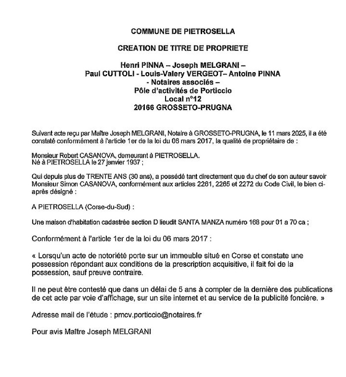 Avis de création de titre de propriété - Commune de Pitrusedda (Pumonti)