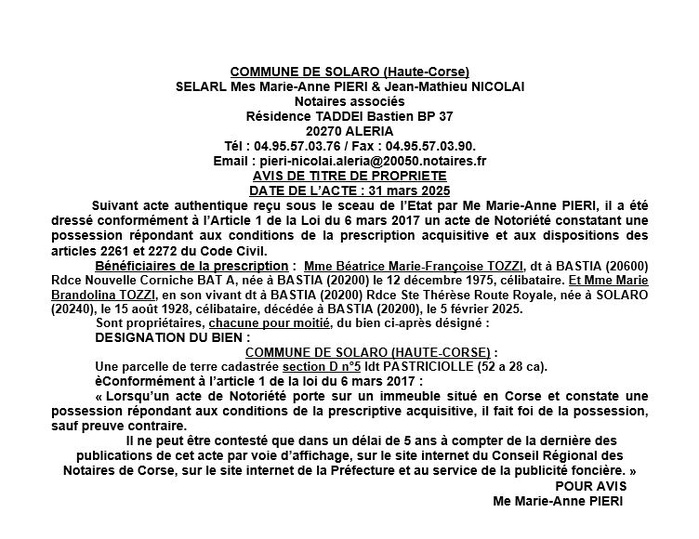 Avis de création de titre de propriété - Commune d'U Sulaghju (Cismonte)