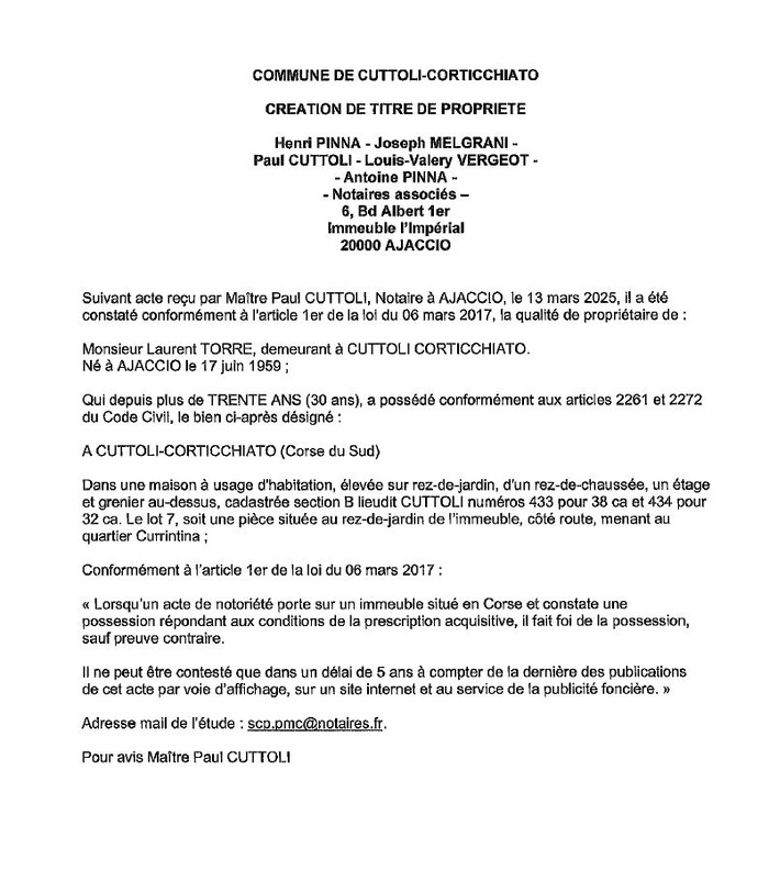 Avis de création de titre de propriété - Commune de Cutuli è Curtichjatu (Pumonti)