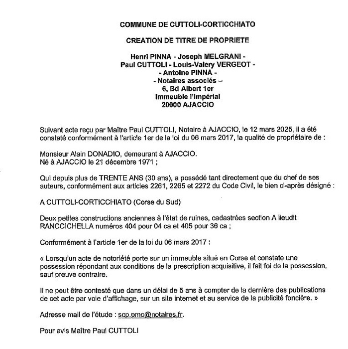 Avis de création de titre de propriété - Commune de Cutuli è Curtichjatu (Pumonti)