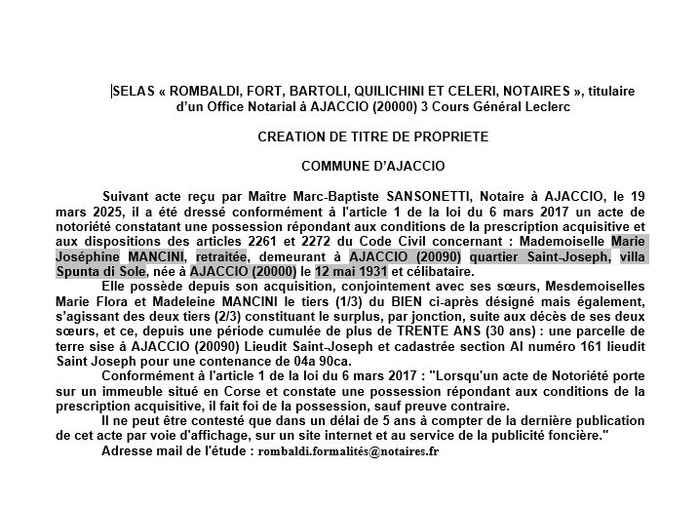 Avis de création de titre de propriété - Commune d'Aiacciu (Pumonti)