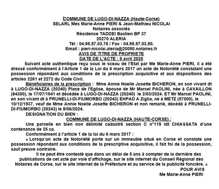 Avis de création de titre de propriété - Commune d'U Lugu di Nazza (Cismonte)