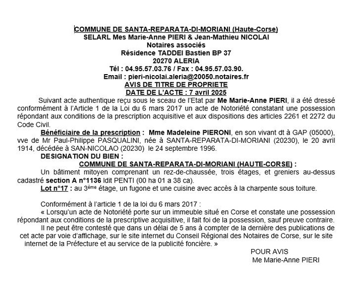 Avis de création de titre de propriété - Commune de Santa Riparata di Moriani (Cismonte)