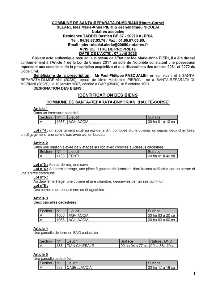 Avis de création de titre de propriété - Commune de Santa Riparata di Moriani (Cismonte)