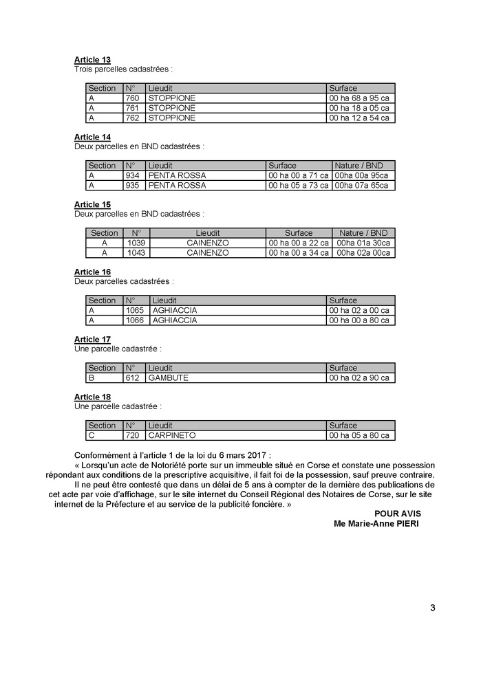 Avis de création de titre de propriété - Commune de Santa Riparata di Moriani (Cismonte)