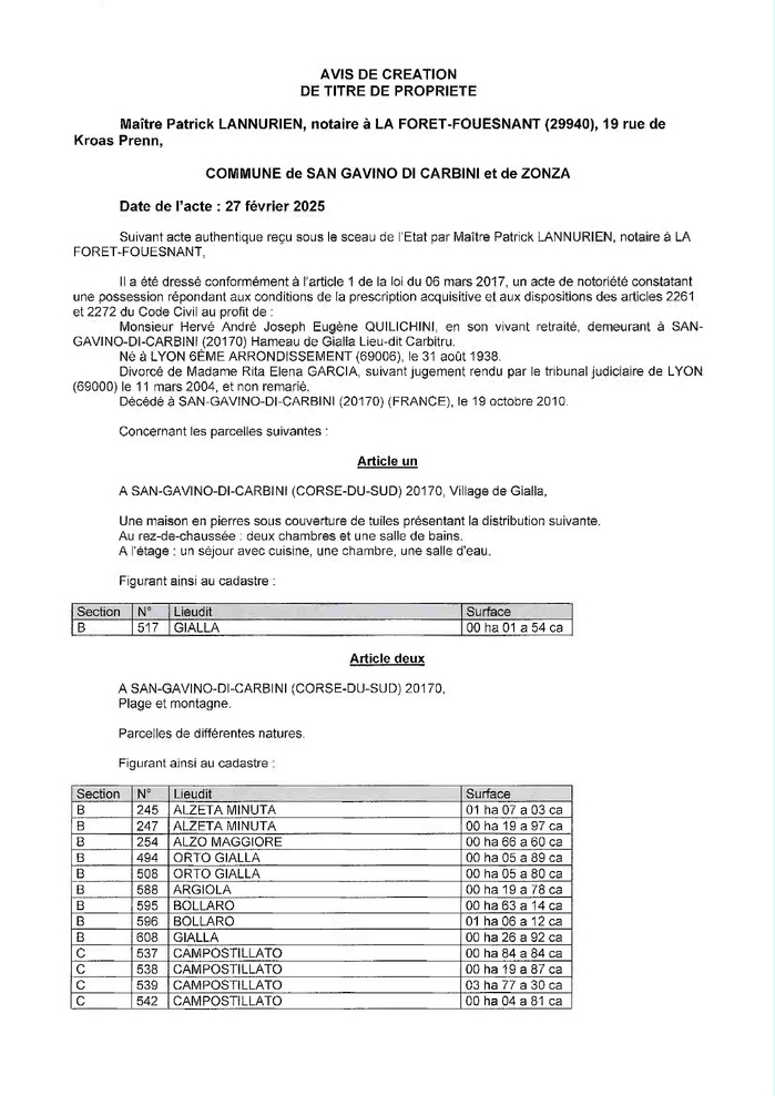 Avis de création de titre de propriété - Communes de San Gavinu di Carbini et Zonza (Pumonti)