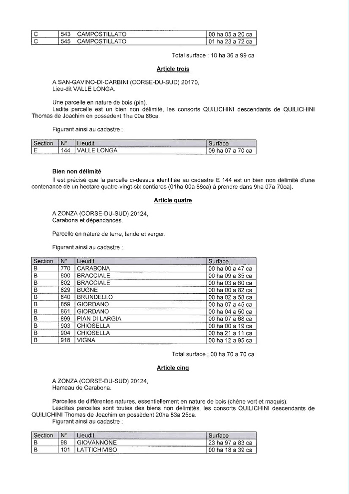 Avis de création de titre de propriété - Communes de San Gavinu di Carbini et Zonza (Pumonti)