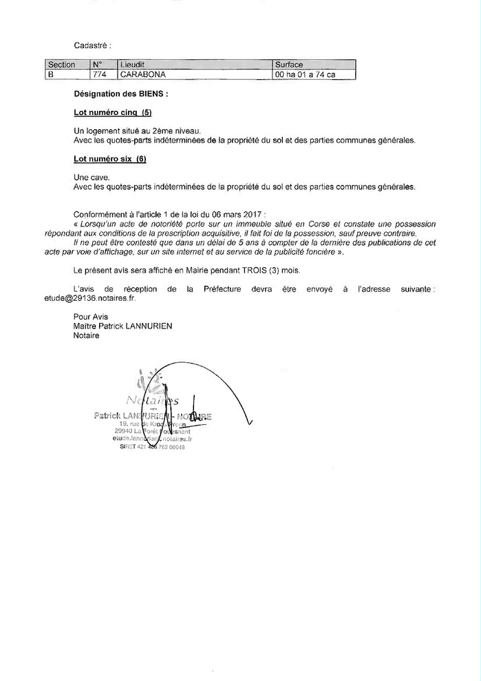 Avis de création de titre de propriété - Communes de San Gavinu di Carbini et Zonza (Pumonti)