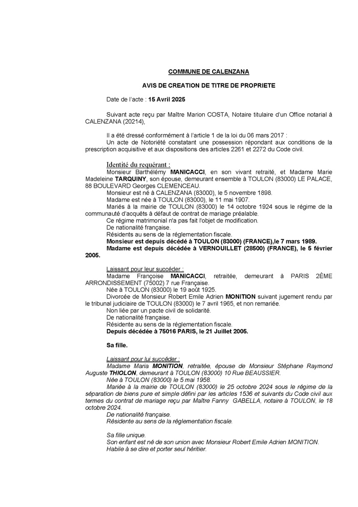 Avis de création de titre de propriété - Commune de Calinzana (Cismonte)