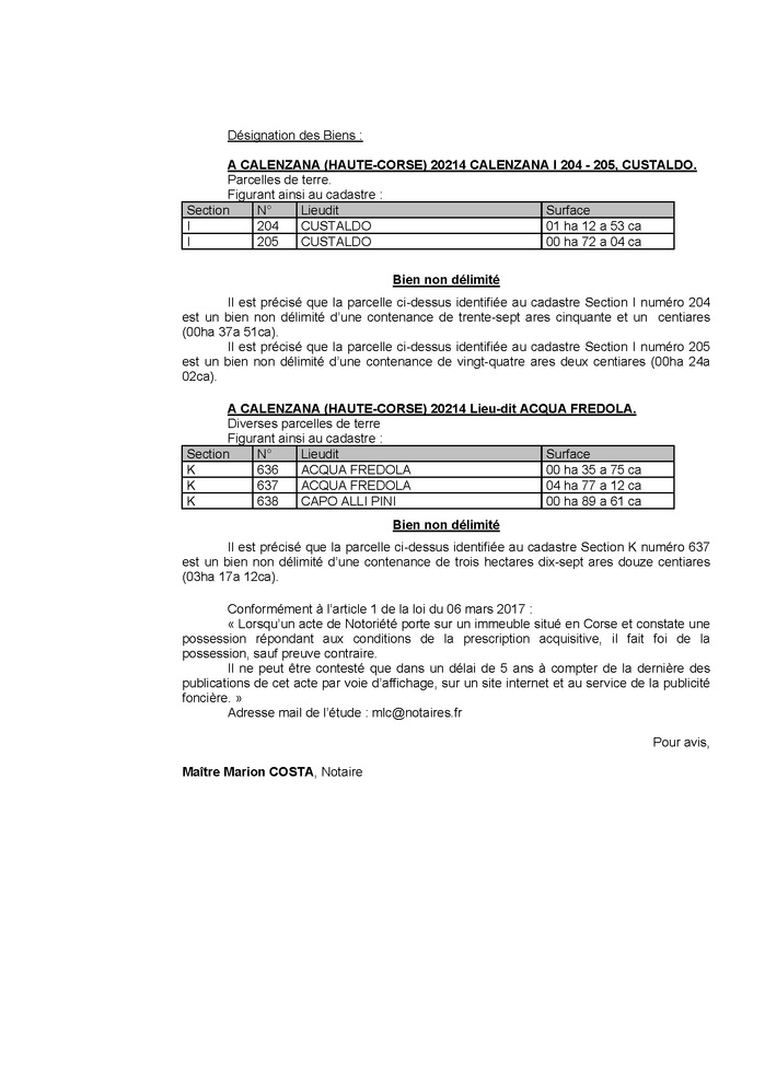 Avis de création de titre de propriété - Commune de Calinzana (Cismonte)