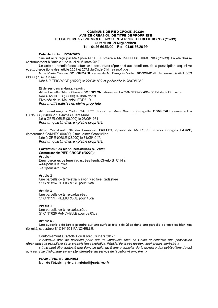 Avis de création de titre de propriété - Commune de Pedicroce (Cismonte)