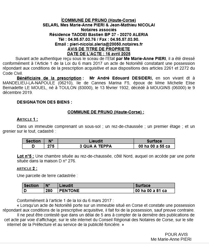 Avis de création de titre de propriété - Commune d'U Prunu (Cismonte)