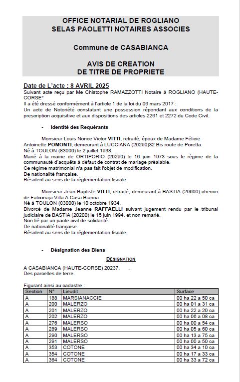 Avis de création de titre de propriété - Commune d'A Casabianca (Cismonte)