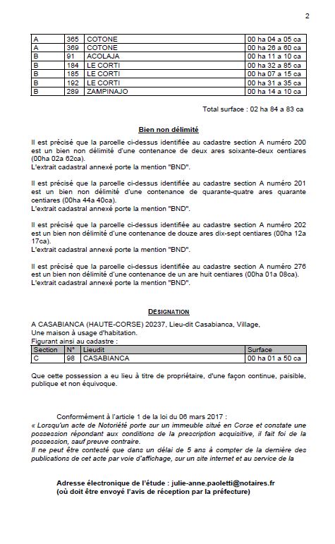 Avis de création de titre de propriété - Commune d'A Casabianca (Cismonte)