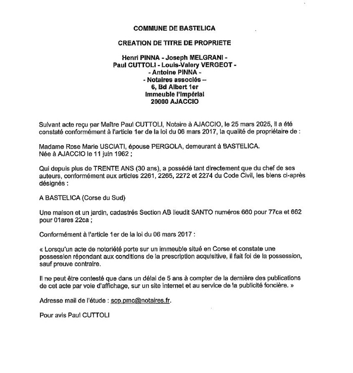 Avis de création de titre de propriété - Commune de Bastelica (Pumonti)