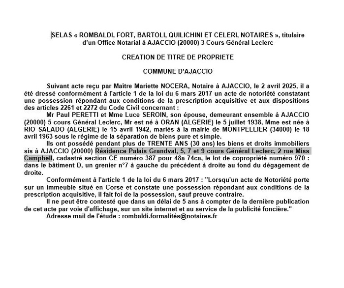Avis de création de titre de propriété - Commune d'Aiacciu (Pumonti)
