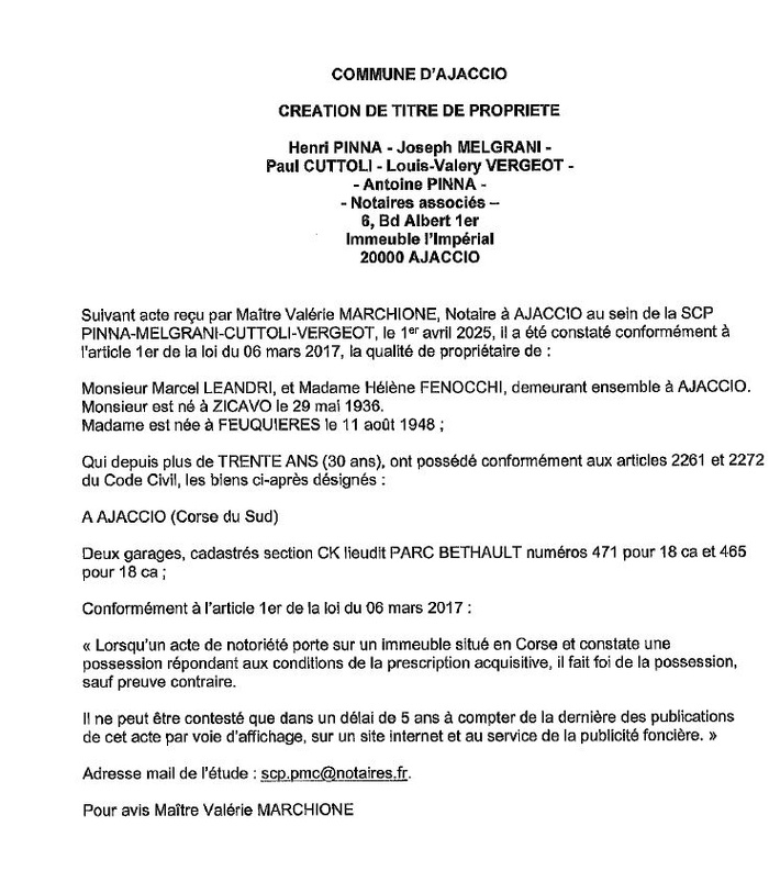 Avis de création de titre de propriété - Commune d'Aiacciu (Pumonti)