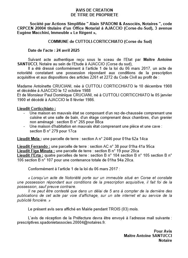 Avis de création de titre de propriété - Commune de Cutuli è Curtichjatu (Pumonti)
