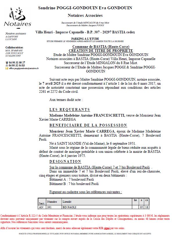 Avis de création de titre de propriété - Commune de Bastia (Cismonte)