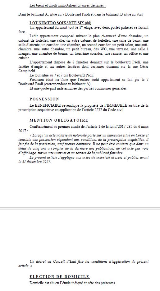 Avis de création de titre de propriété - Commune de Bastia (Cismonte)