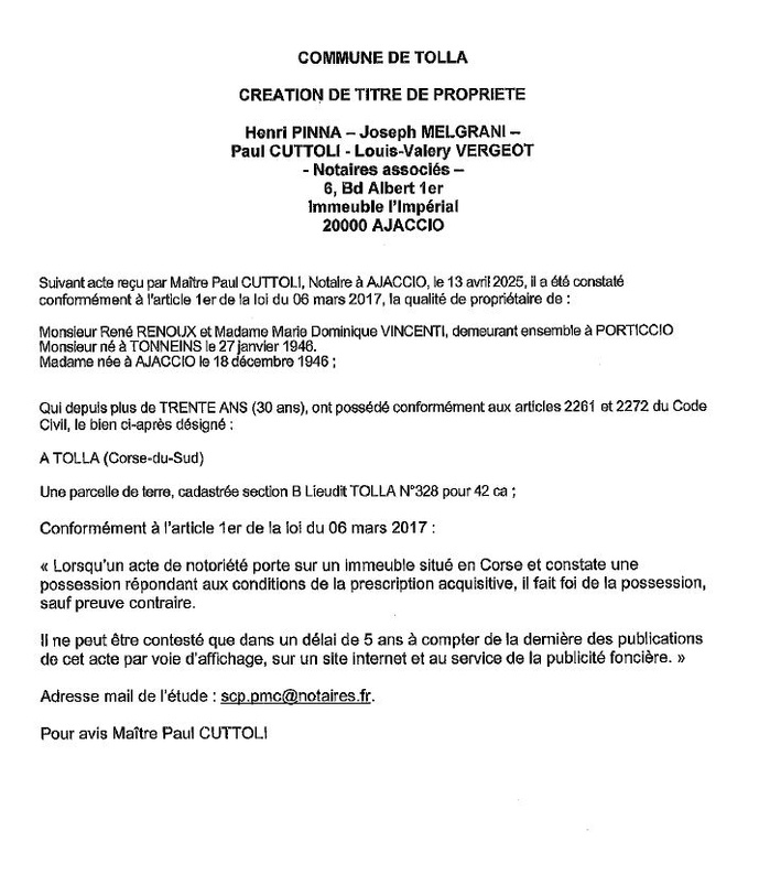 Avis de création de titre de propriété - Commune de Todda (Pumonti)