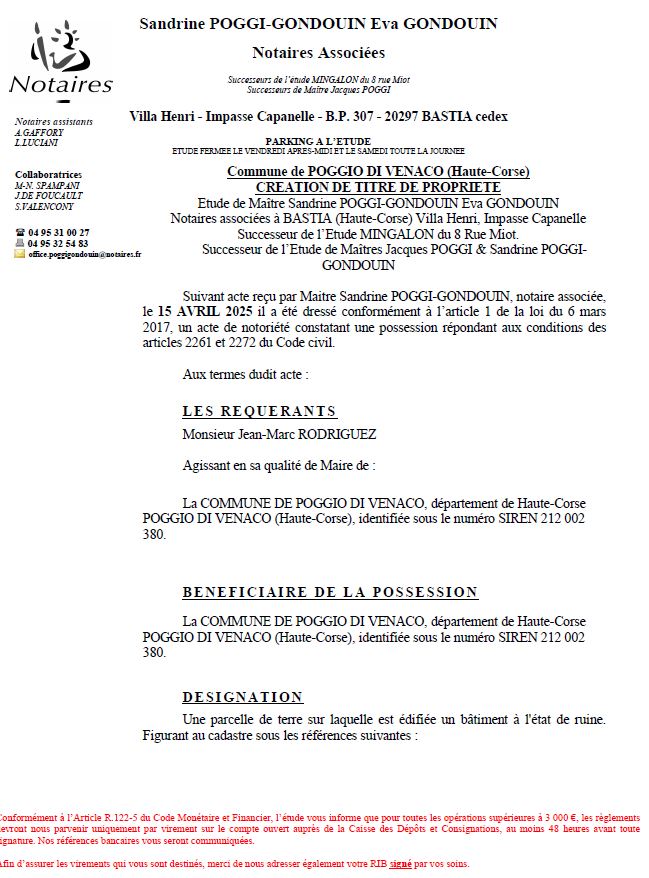 Avis de création de titre de propriété - Commune d'U Poghju di Venacu (Pumonti)