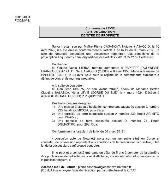 Avis de création de titre de propriété - Commune de Livia (Pumonti)