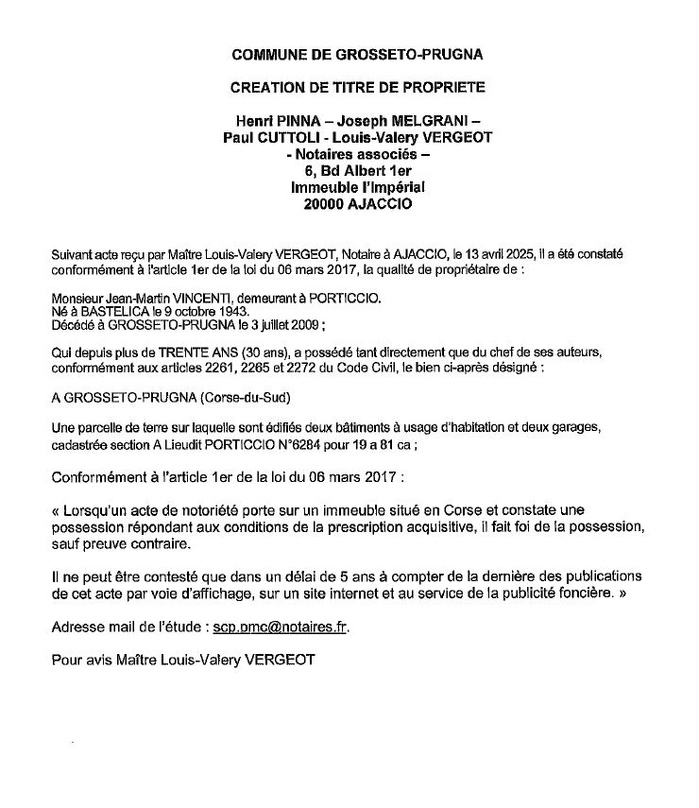 Avis de création de titre de propriété - Commune de Grussetu è Prugna (Pumonti)