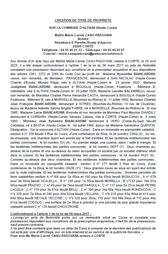 Avis de création de titre de propriété - Commune d'Altiani (Cismonte) Avis de création de titre de propriété - Commune d'Altiani (Cismonte)