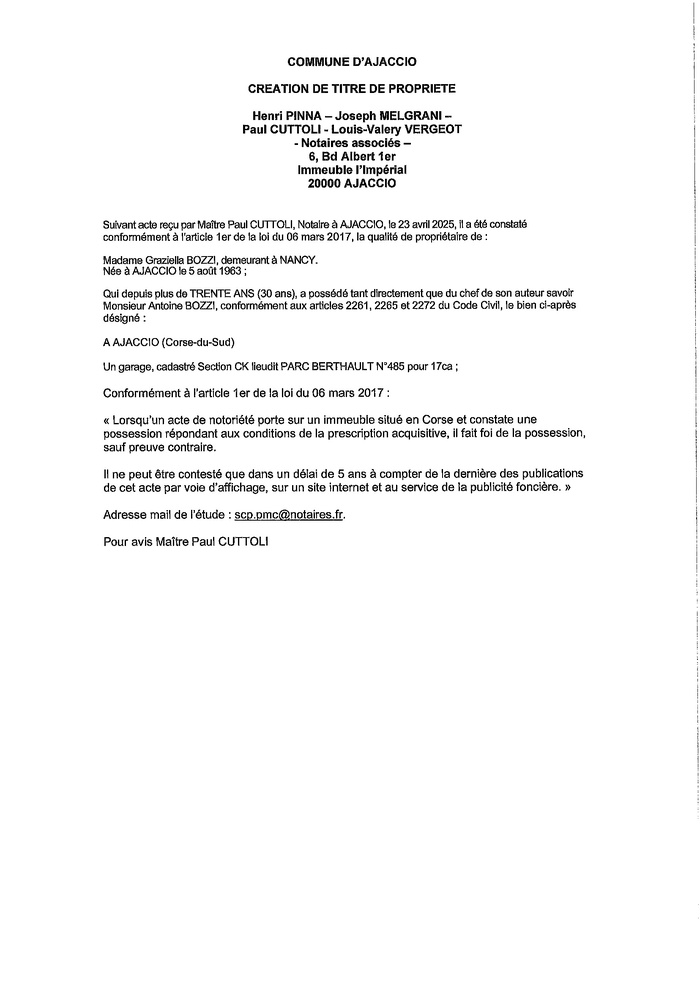 Avis de création de titre de propriété - Commune d'Aiacciu (Pumonti)