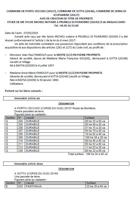 Avis de création de titre de propriété - Communes de Purtivechju, Sotta, A Sarra di Scupamena (Pumonti)