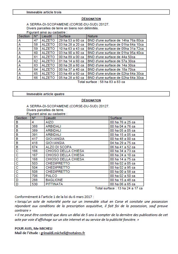 Avis de création de titre de propriété - Communes de Purtivechju, Sotta, A Sarra di Scupamena (Pumonti)