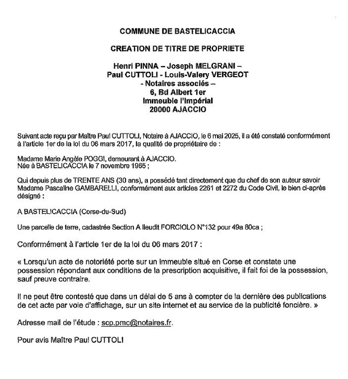 Avis de création de titre de propriété - Commune d'A Bastilicaccia (Pumonti) Avis de création de titre de propriété - Commune d'A Bastilicaccia (Pumonti)