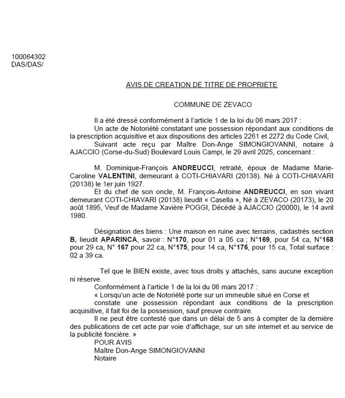 Avis de création de titre de propriété - Commune de Zevacu (Pumonti)