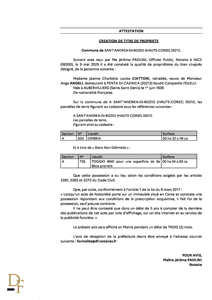 Avis de création de titre de propriété - Commune de Sant'Andria di Boziu (Cismonte)