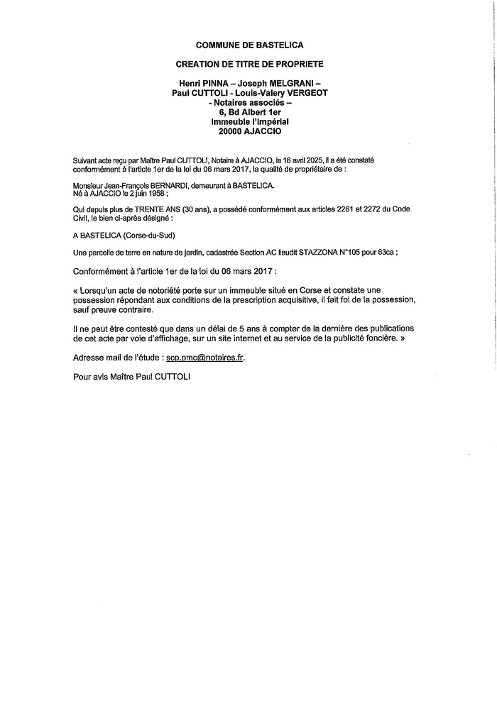Avis de création de titre de propriété - Commune d'A Bastilicaccia (Pumonti)