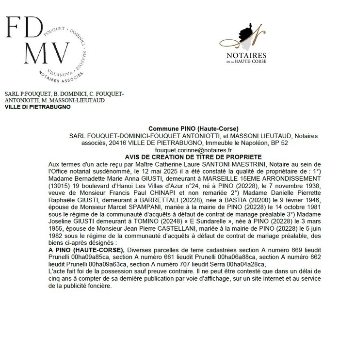 Avis de création de titre de propriété - Commune de Pinu (Cismonte) Avis de création de titre de propriété - Commune de Pinu (Cismonte)