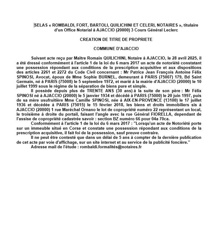 Avis de création de titre de propriété - Commune d'Aiacciu (Pumonti)