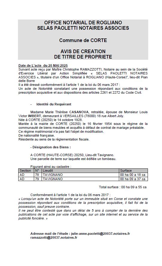 Avis de création de titre de propriété - Commune de Corti (Cismonte)