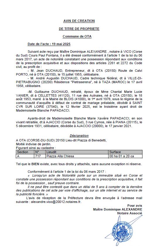 Avis de création de titre de propriété - Commune d'Ota (Pumonti)
