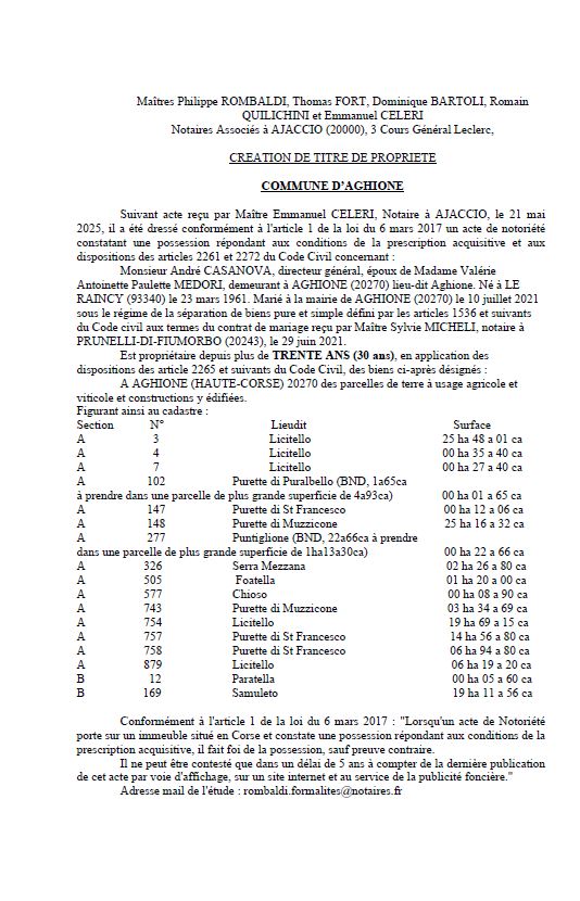Avis de création de titre de propriété - Commune d'Aghjone (Cismonte)