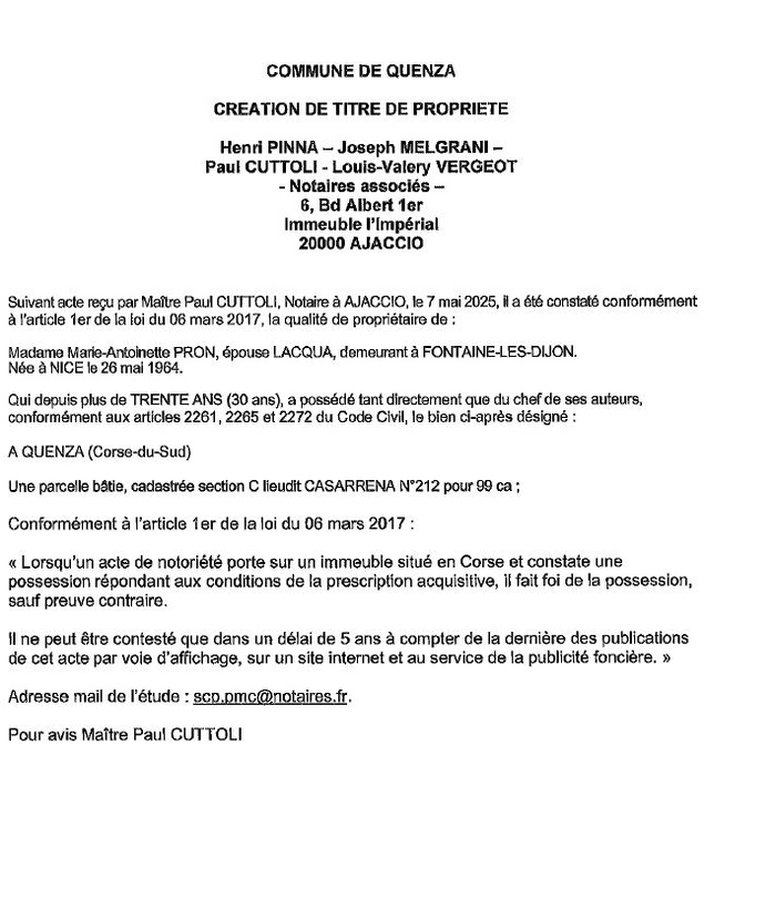 Avis de création de titre de propriété - Commune de Quenza (Pumonti) Avis de création de titre de propriété - Commune de Quenza (Pumonti)