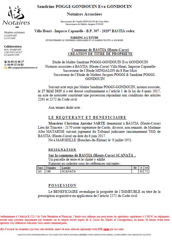 Avis de création de titre de propriété - Commune de Bastia (Cismonte)