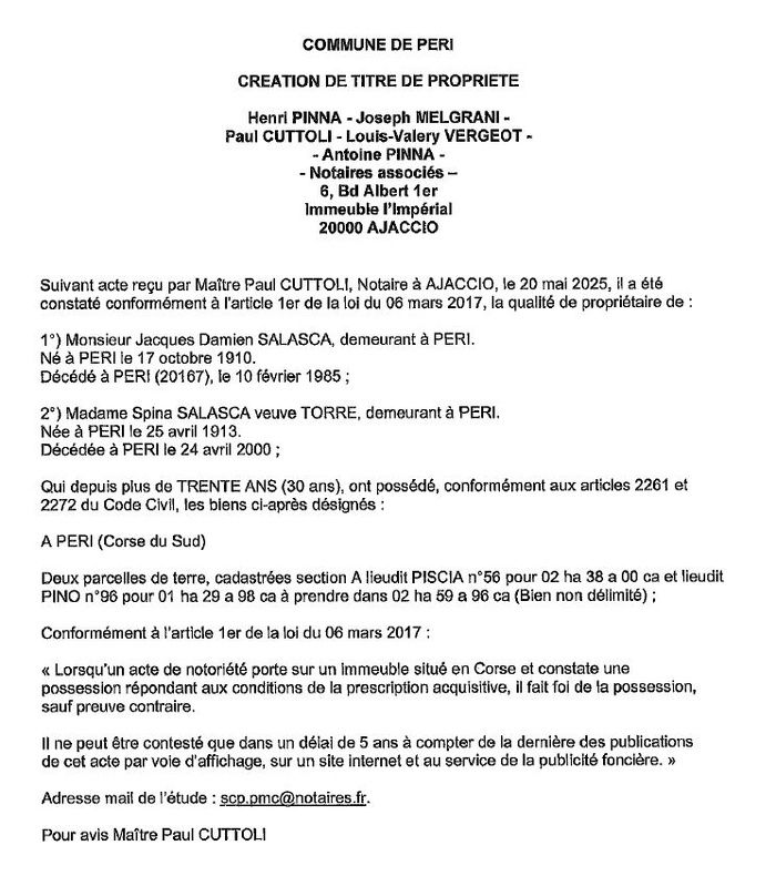 Avis de création de titre de propriété - Commune de Peri (Pumonti)