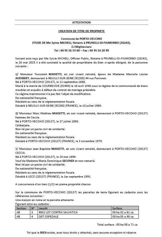 Avis de création de titre de propriété - Commune de Portivechju (Pumonti)