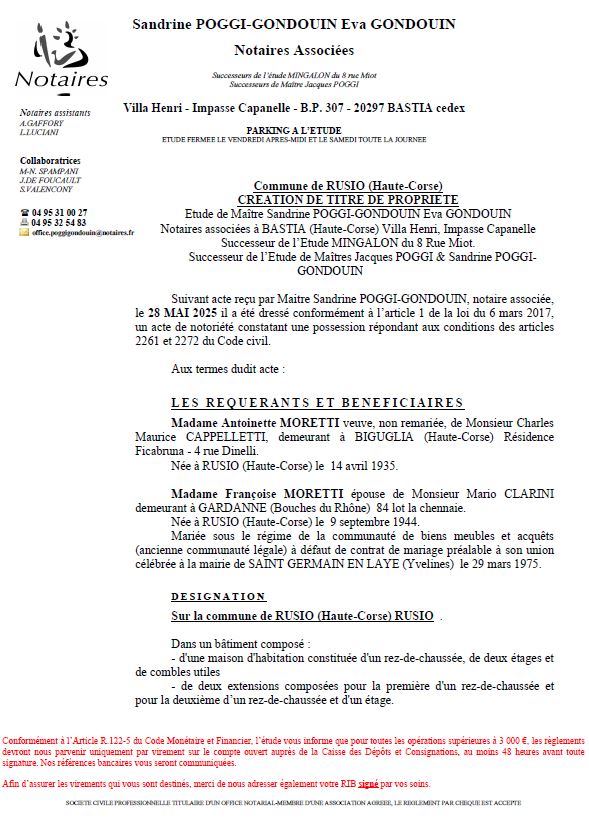 Avis de création de titre de propriété - Commune de Rusiu (Cismonte)